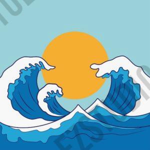 Sea Wave with sun behind the wave background template vector