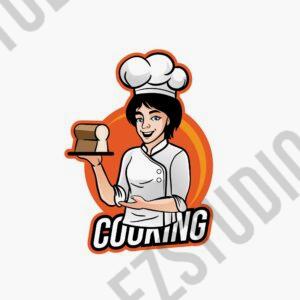 Woman Chef Bring a cake mascot logo Vector